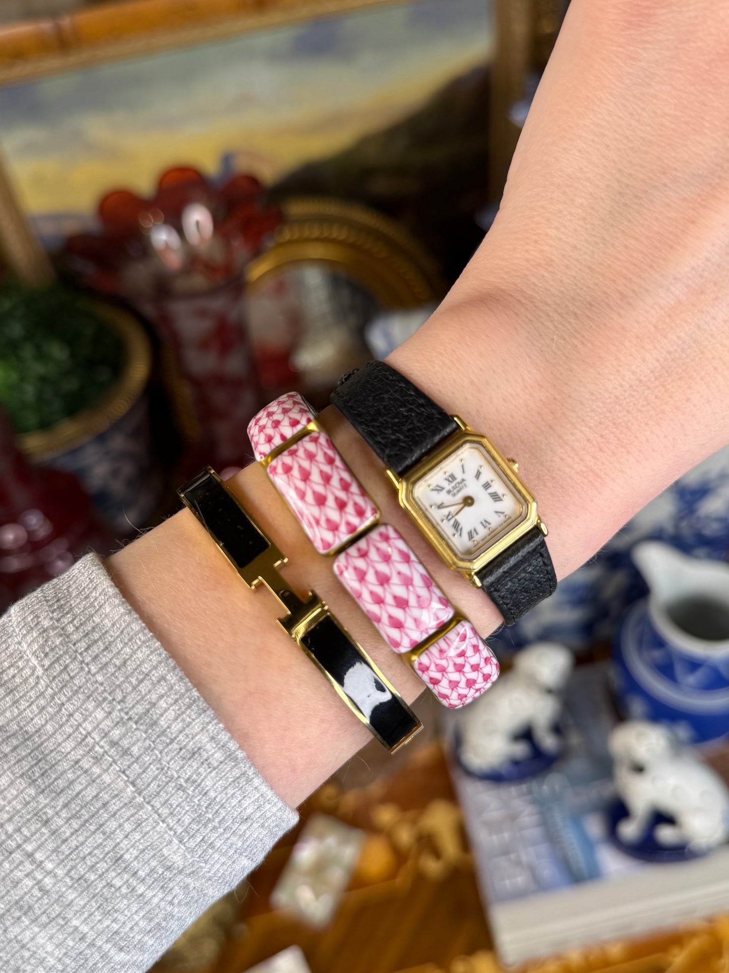 Black Enamel “H” Gold Hinged Bangle Bracelet W/ Box