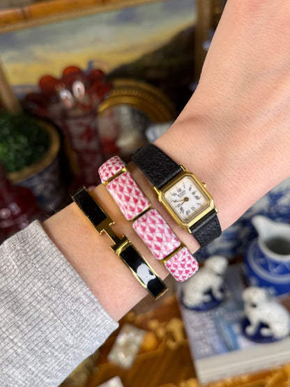 Black Enamel “H” Gold Hinged Bangle Bracelet W/ Box