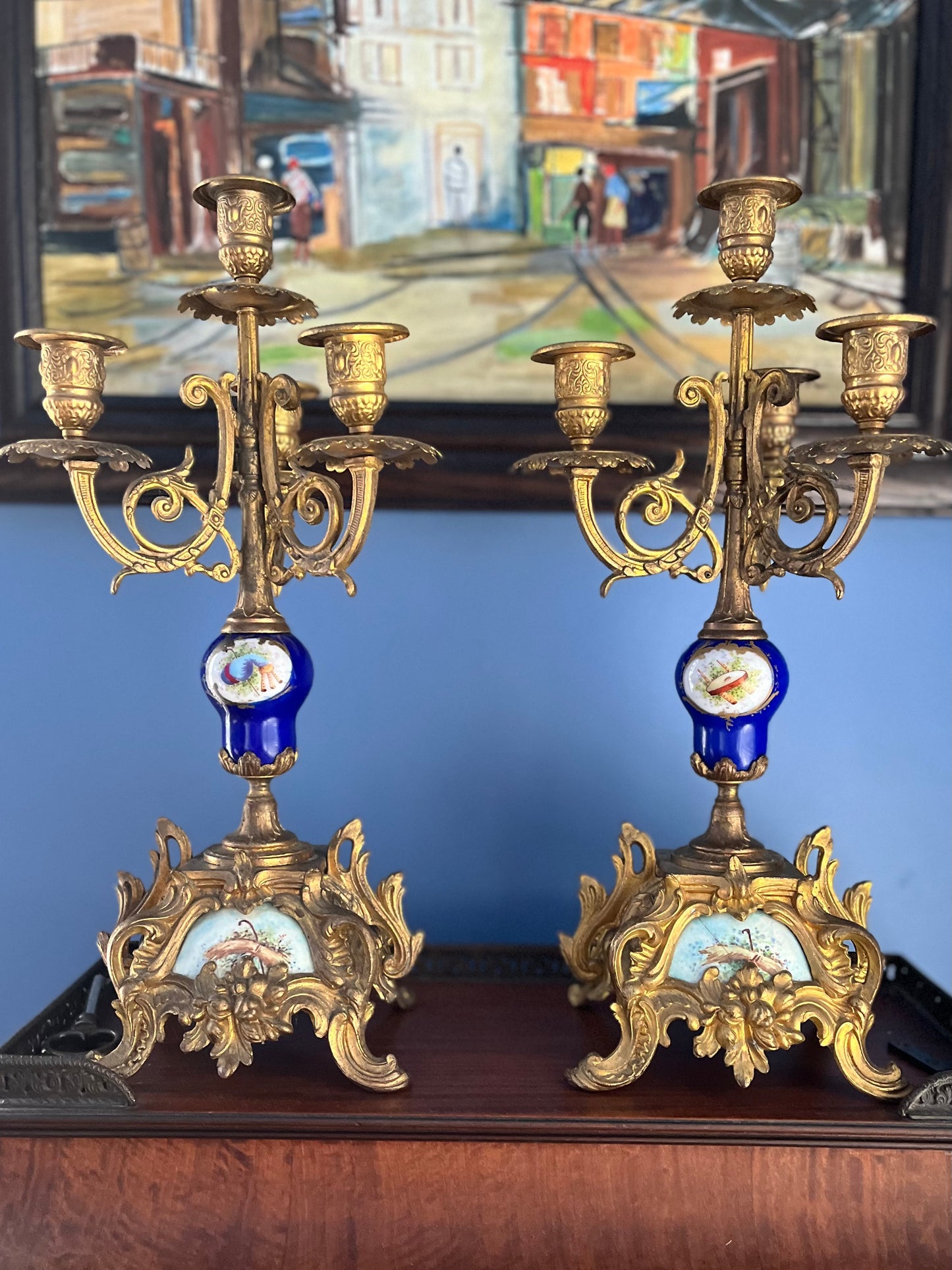 Stunning Pair Of 19th C French Sevres Style Porcelain Gilded 4 Arm Candelabra - Repaired Priced Accordingly Display Beautifully