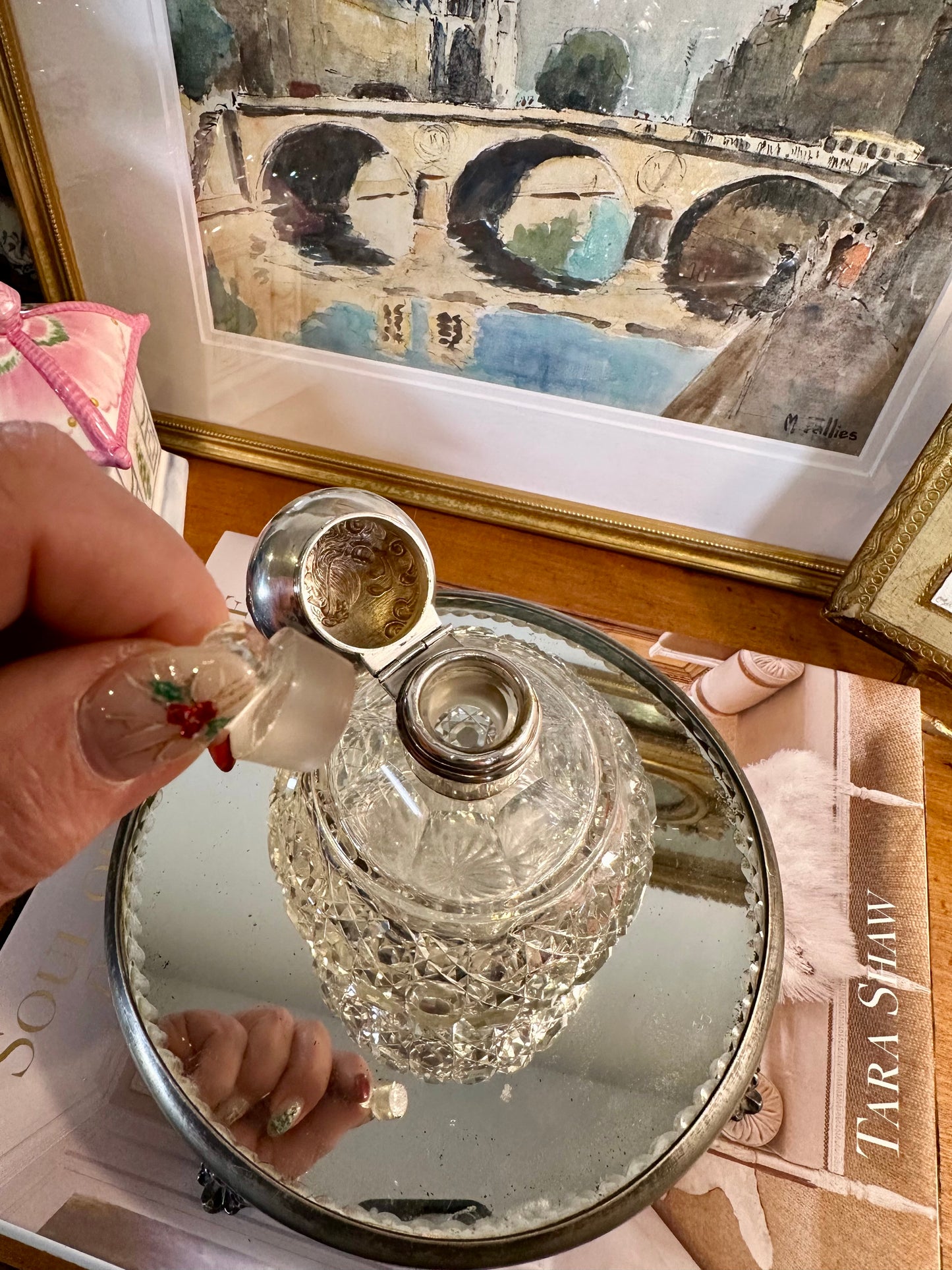 Victorian Art Nouveau Cut Crystal Perfume Bottle with Sterling Silver Repoussé Top Birmingham, England, c. 1901, 5”