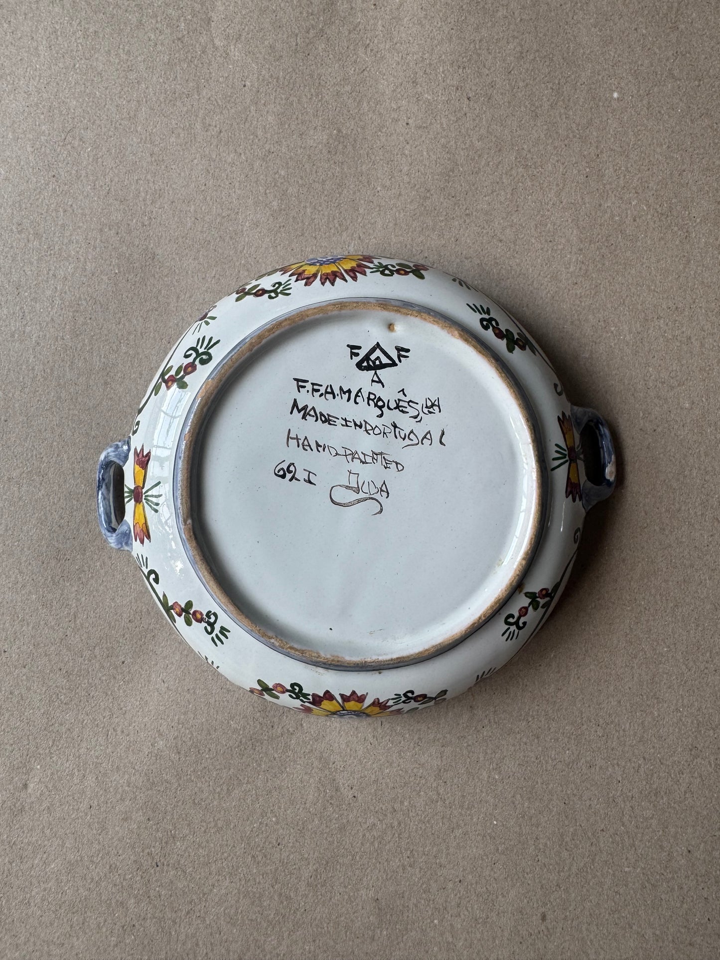 Vintage Hand-Painted Portuguese Pottery Round Serving Bowl