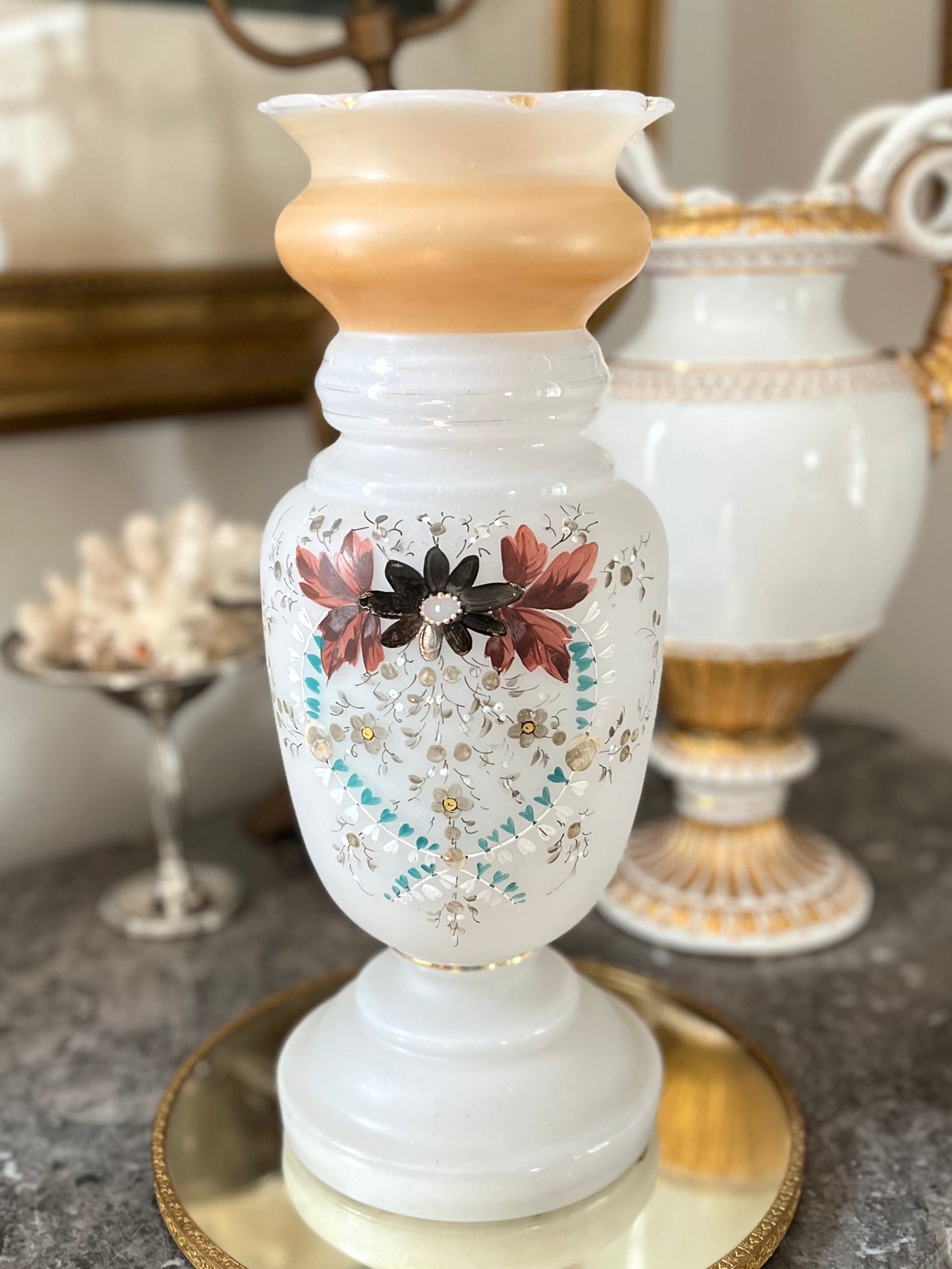 Live 08/11 Tall Antique Hand Painted/Hand Blown (Pontil Visible) Opaque Glass Victorian Vase - 14 1/4”