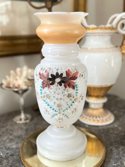 Live 08/11 Tall Antique Hand Painted/Hand Blown (Pontil Visible) Opaque Glass Victorian Vase - 14 1/4”