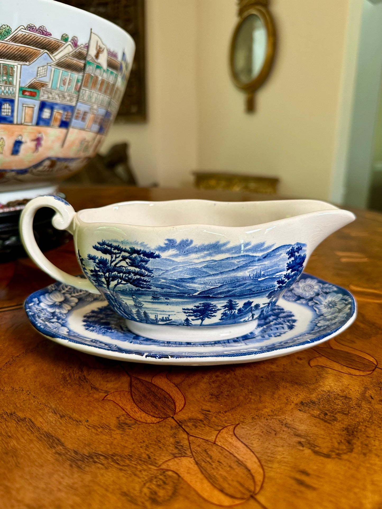 Vintage Liberty Blue Gravy Boat with Underplate | Enoch Wedgwood | Bicentennial Transferware