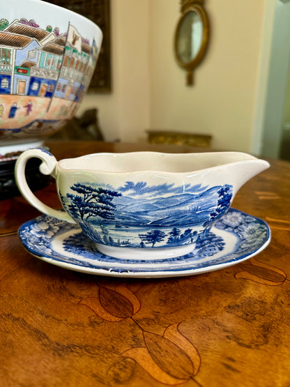 Vintage Liberty Blue Gravy Boat with Underplate | Enoch Wedgwood | Bicentennial Transferware
