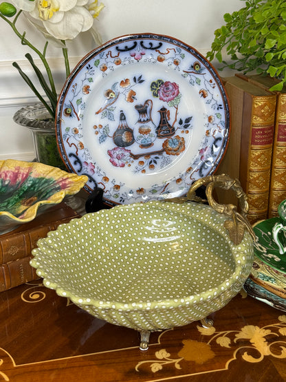 Danny’s Fine Porcelain Limited Edition Bronze Shell Footed Bowl | Olive Green Polka Dot Porcelain Centerpiece | 9”