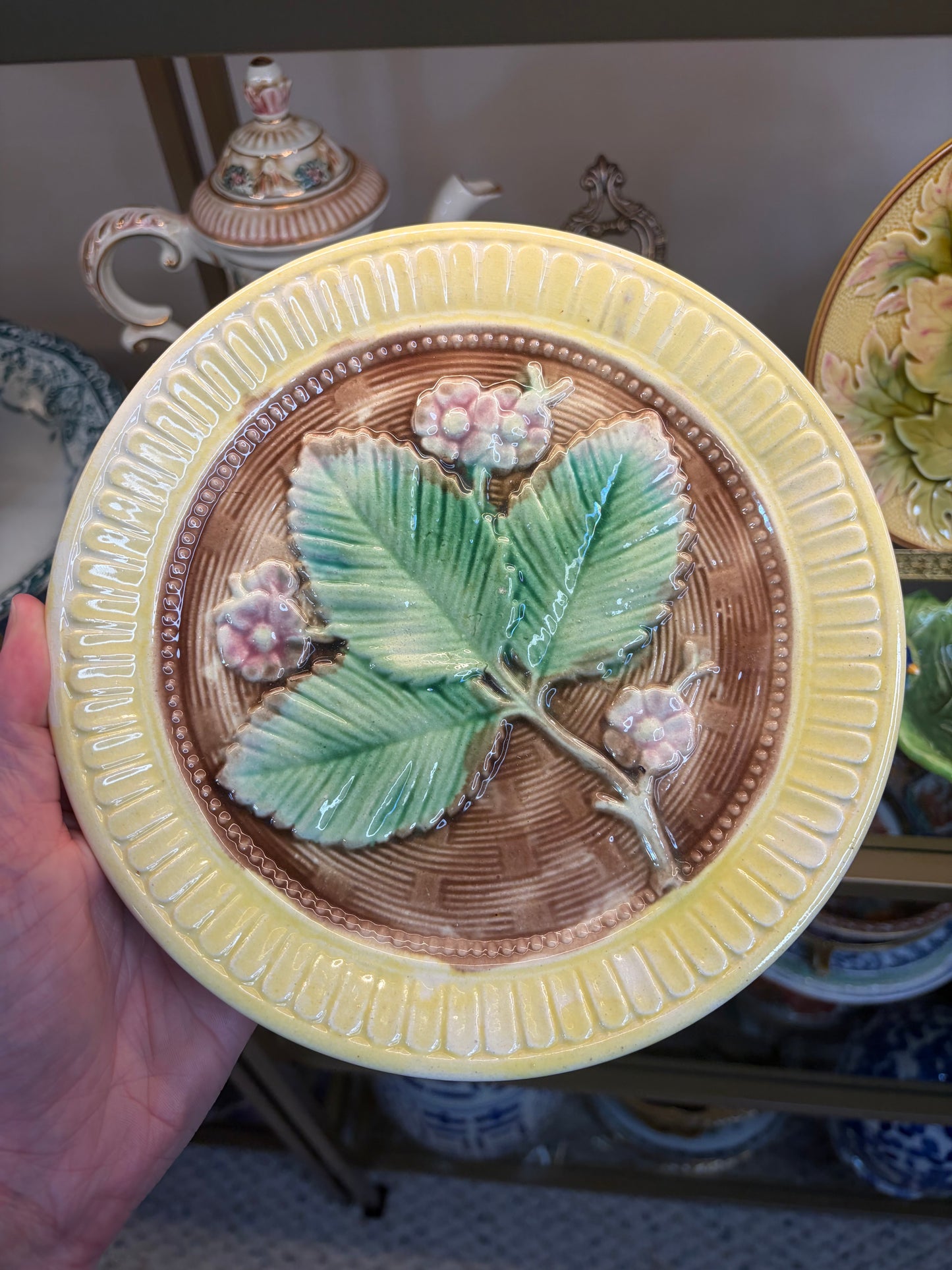Lovely majolica plate with pink and green!