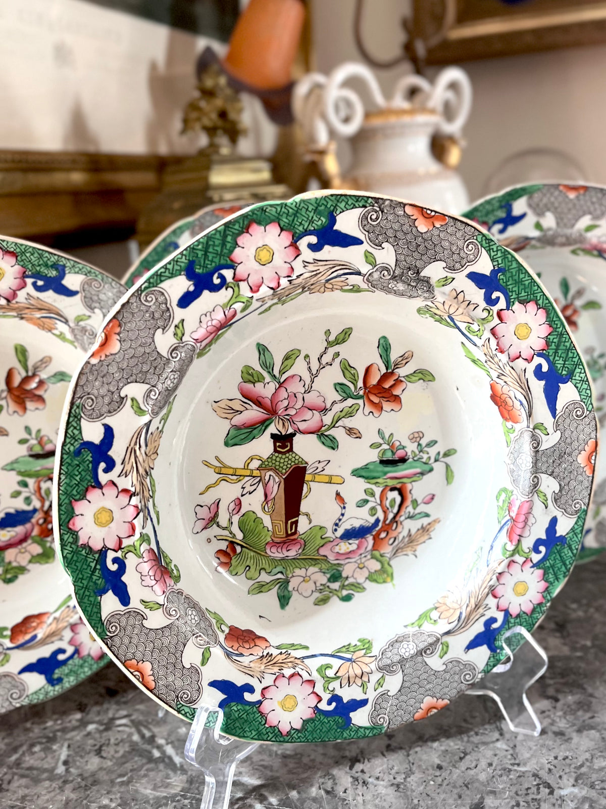 Live 09/20 Antique Mason’s Patent Ironstone China – Set of Four Georgian Plates, Table & Flower Pot Pattern, c.1818