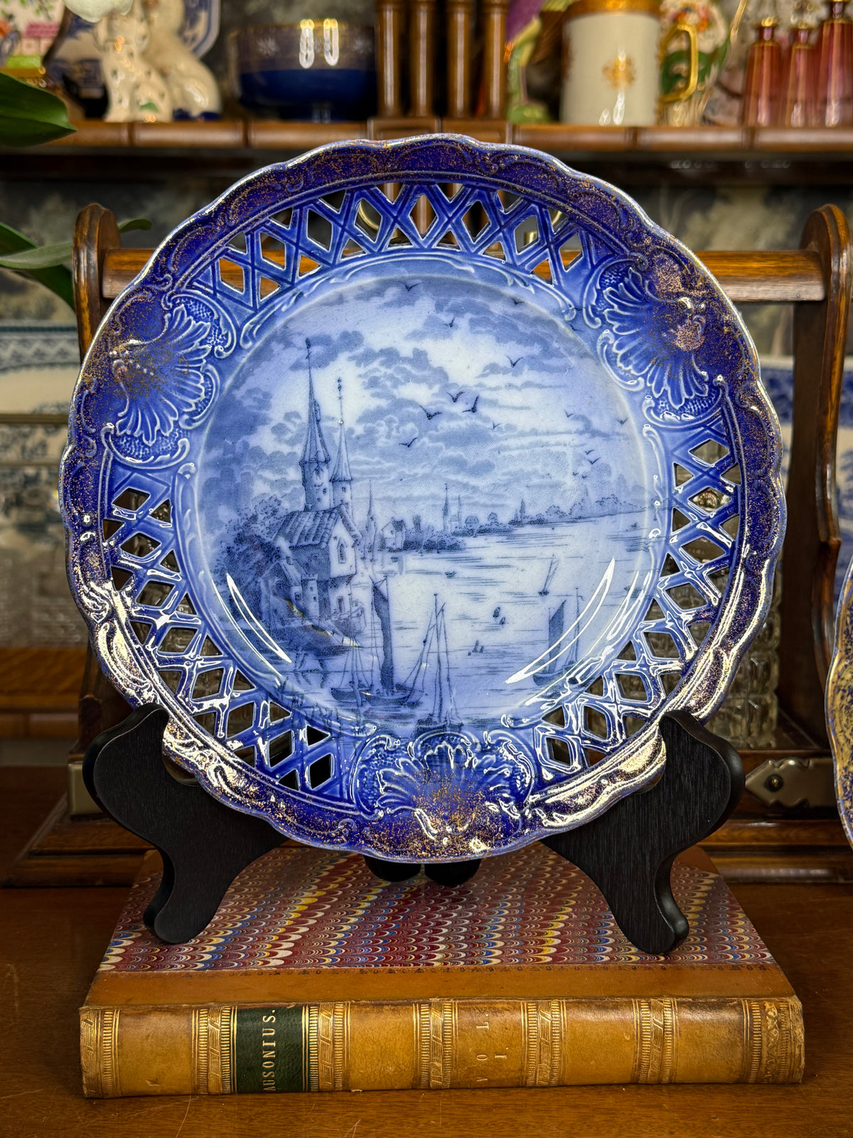 Antique Set of 3 Empire Porcelain Co. Pierced Blue & White City View Plates | Circa 1896–1912 | 9" Diameter #DA4516