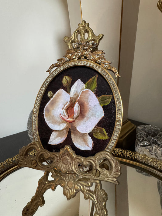 White orchid riginal oil painting in bronze antique frame