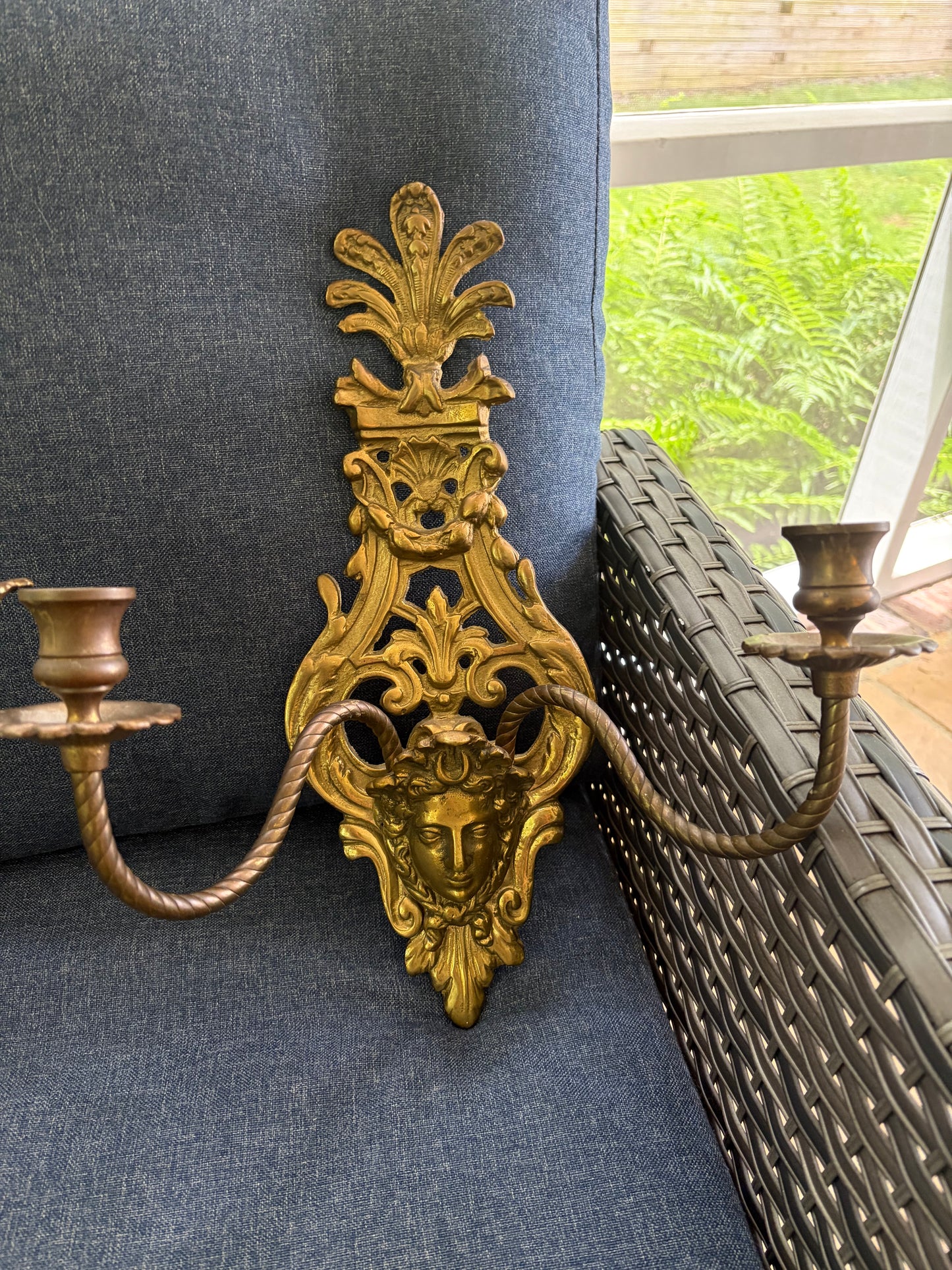 Antique Victorian Figural Brass Wall Sconces with two arms pair!