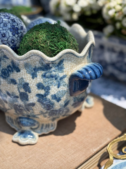 Danny's Fine Porcelain - SCALLOP EDGE PORCELAIN OVAL BASIN -BLUE BIRDS, 12L X 8W X 7H