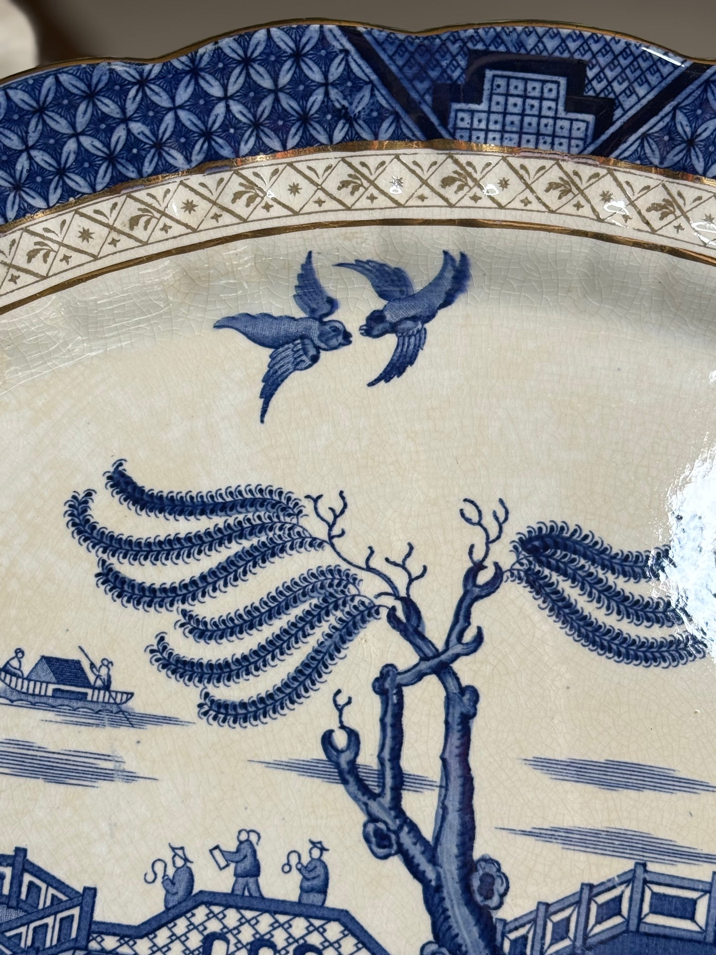 Antique Booths Real Old Willow A8025 Large Serving Platter | Blue & White with Gold Trim | 16.5x13”