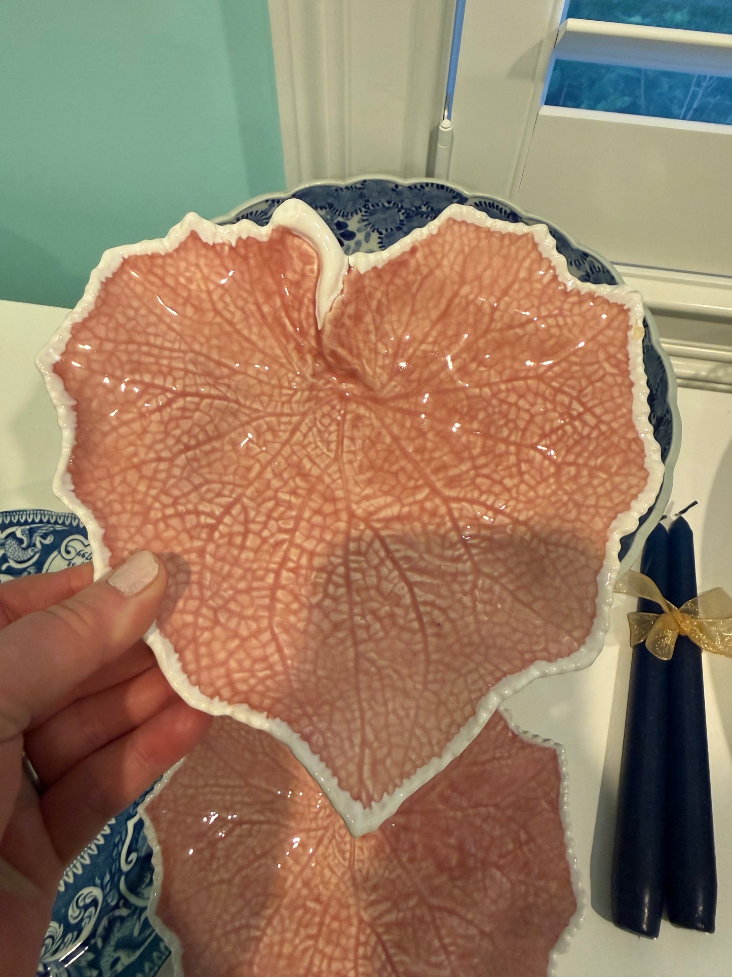 Reserved for Dawn - Vintage Pink Bordallo Leaf Shaped Plates 7.5” Set of 5 (2 have rim chips so 1 will be free)