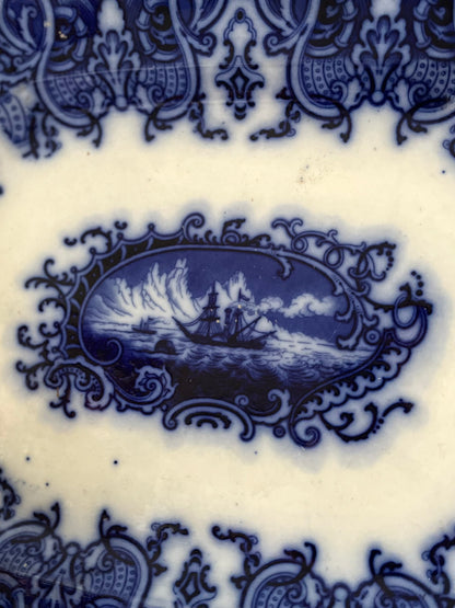 -RESVERED - ANGIEFIEND -  Live 09/22 Amazing Ship Medallion Flow Blue Platter Mid-Victorian Staffordshire Ironstone, c. 1845–1865