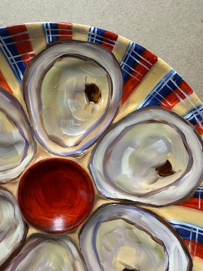 Plaid hand painted oyster plate 9” diameter