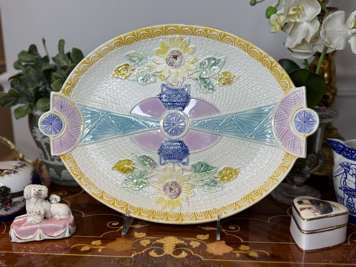 Antique Samuel Lear Aesthetic Period “Sunflower & Urn” Serving Platter, c.1883 | 14” x 10.5” | #DA4498