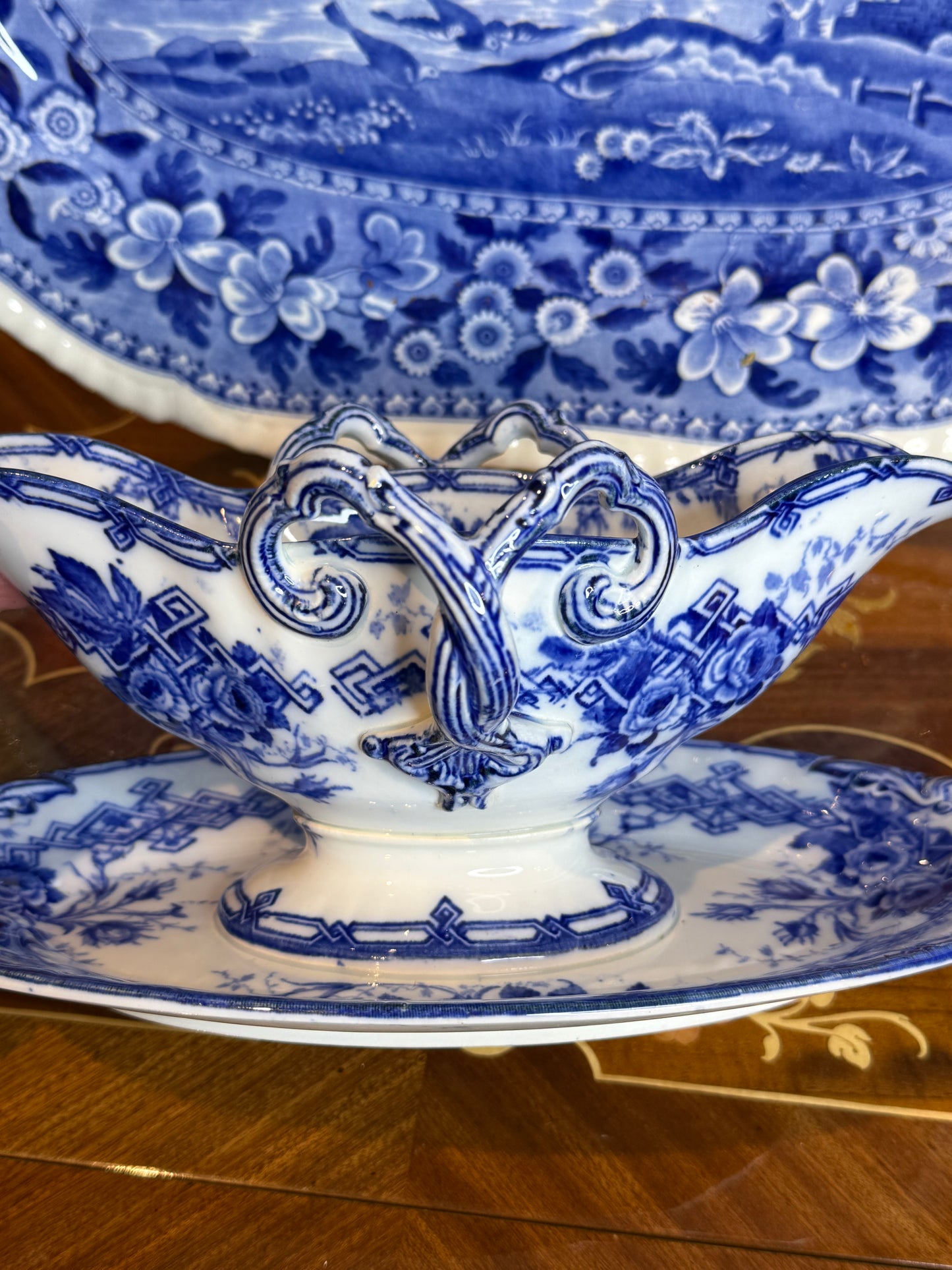 Antique B & Cie Double-Ended Flow Blue Sauce Boat with Integral Stand, c.1900, 11.5” Long x 6.5” Wide #DA4533