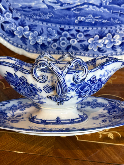Antique B & Cie Double-Ended Flow Blue Sauce Boat with Integral Stand, c.1900, 11.5” Long x 6.5” Wide #DA4533