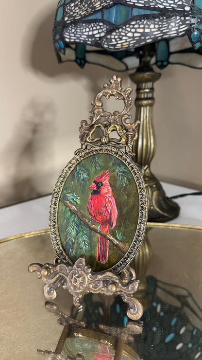 Cardinal bird original oil painting in brass vintage bow frame