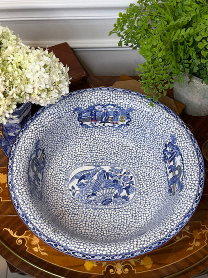 Antique Adams Chinese Bird Wash Basin | Large Blue & White English Transferware Bowl | 15”