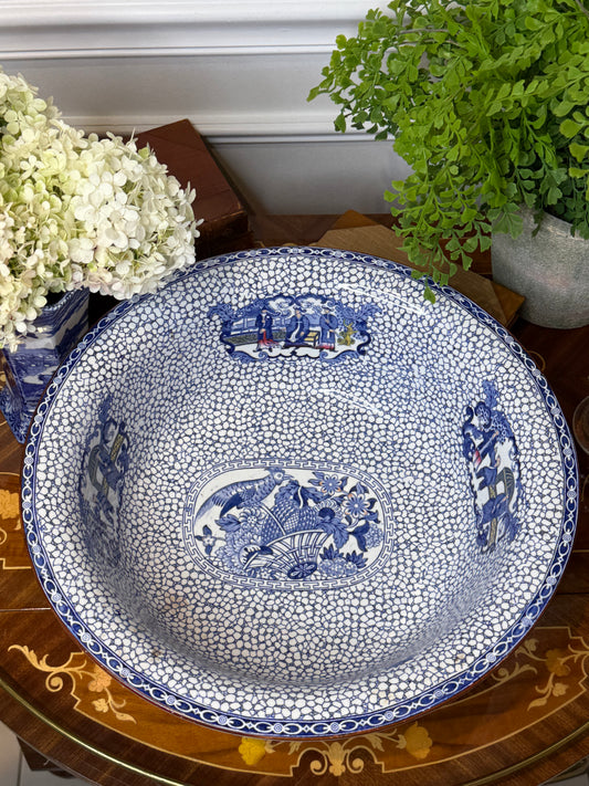 Antique Adams Chinese Bird Wash Basin | Large Blue & White English Transferware Bowl | 15”