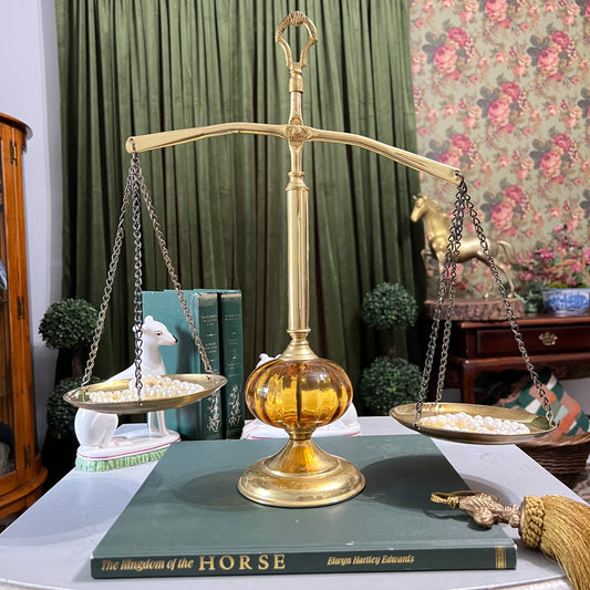 Gorgeous Vintage Brass Justice Scale with Amber Glass