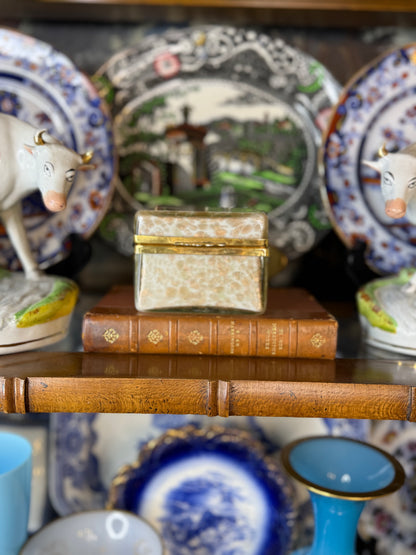 Vintage Murano Art Glass Casket Box | Aventurine & White Mottled Glass | Brass Mounted Trinket Box | 5” x 4” x 3”