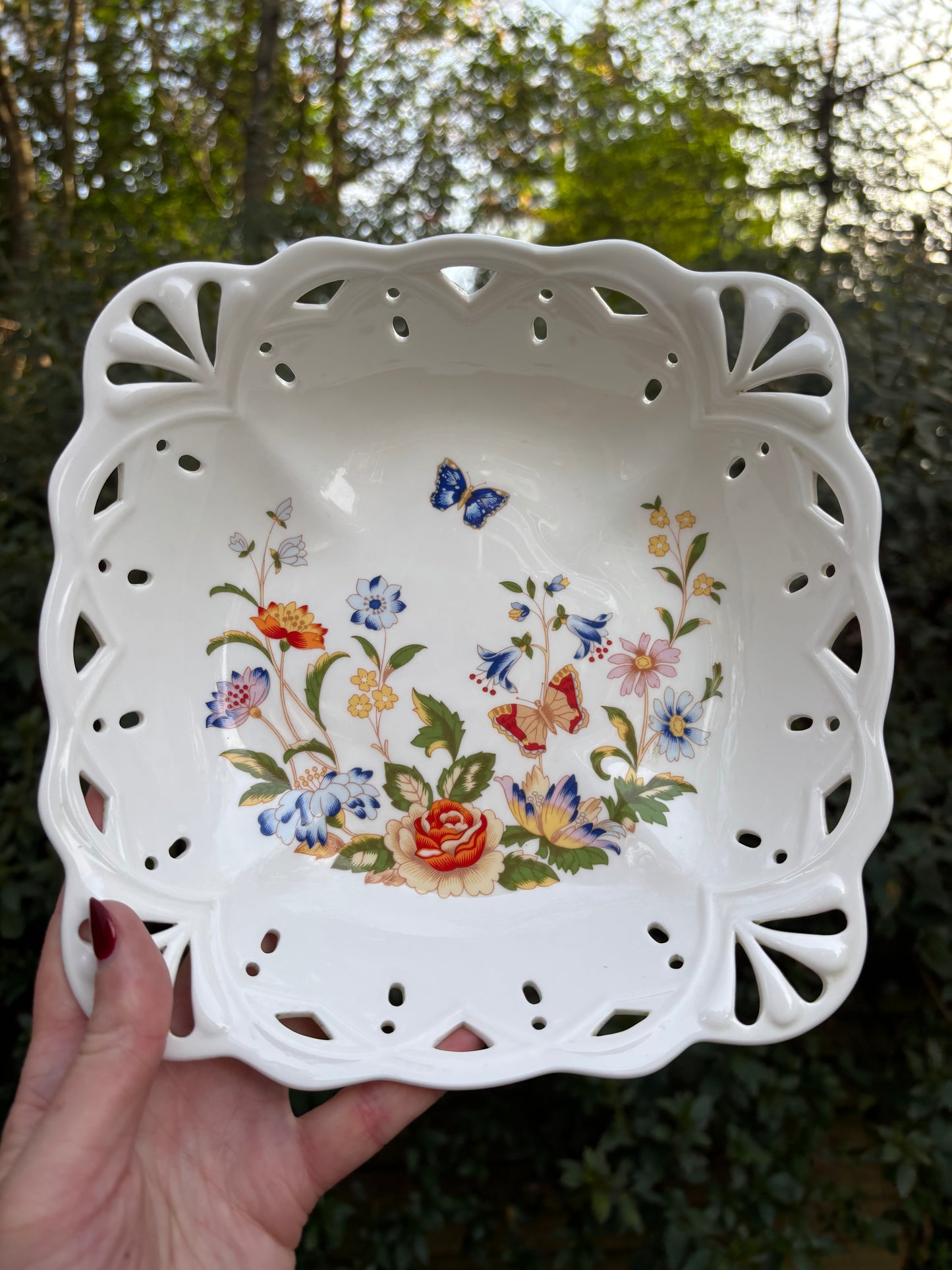 Vintage Aynsley Cottage Garden bone china pierced dish with florals and butterfly motif!