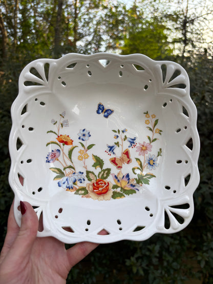 Vintage Aynsley Cottage Garden bone china pierced dish with florals and butterfly motif!