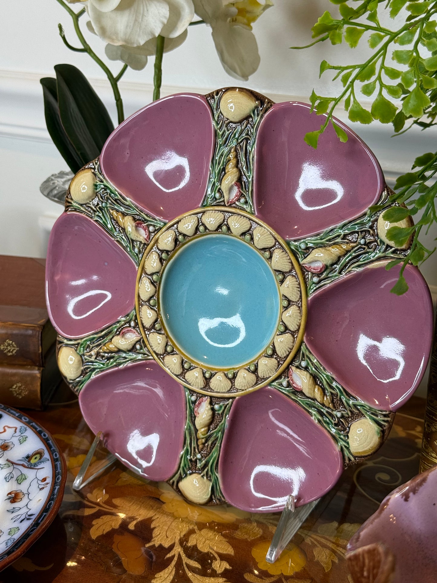 Antique Minton Majolica Oyster Plate | Pink & Turquoise & Shell Motif | 9” Diameter