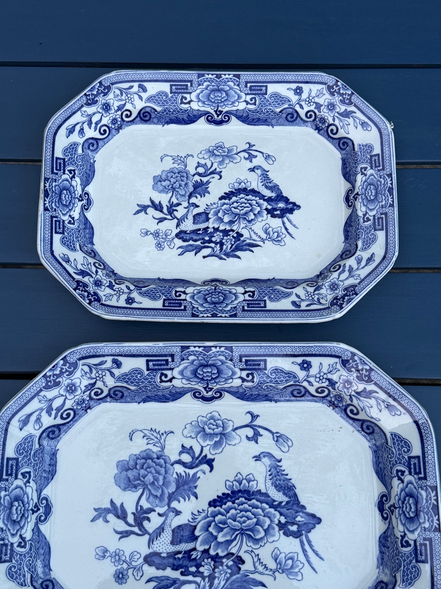 Antique Pair (2) Mason's Ironstone "India Pheasant" Blue & White Platters | Pair | Large & Small | c.1820 | Styles DA4493 & DA4494