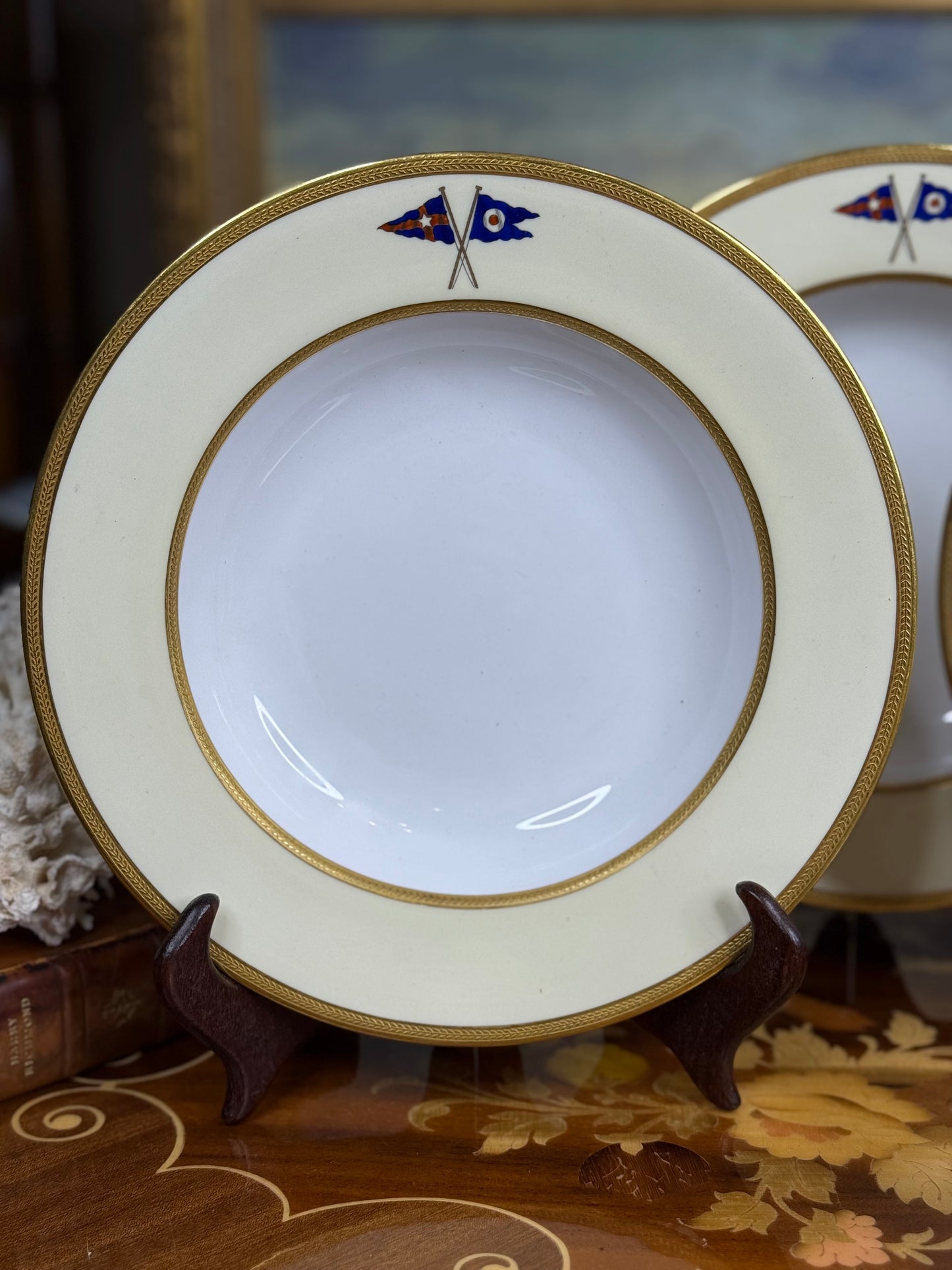 RARE Set (3) Wide-Rim Bowls, Antique Spode Copeland (custom order, 1927) Private yacht burgee service china - New York Yacht Club - PRISTINE!