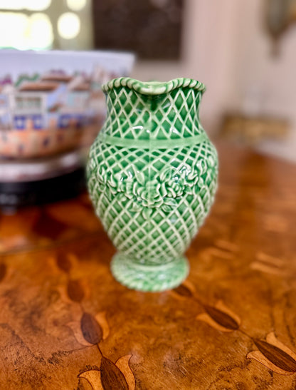 Vintage Bordallo Pinheiro Rose Garden Green Majolica Pitcher | Portugal