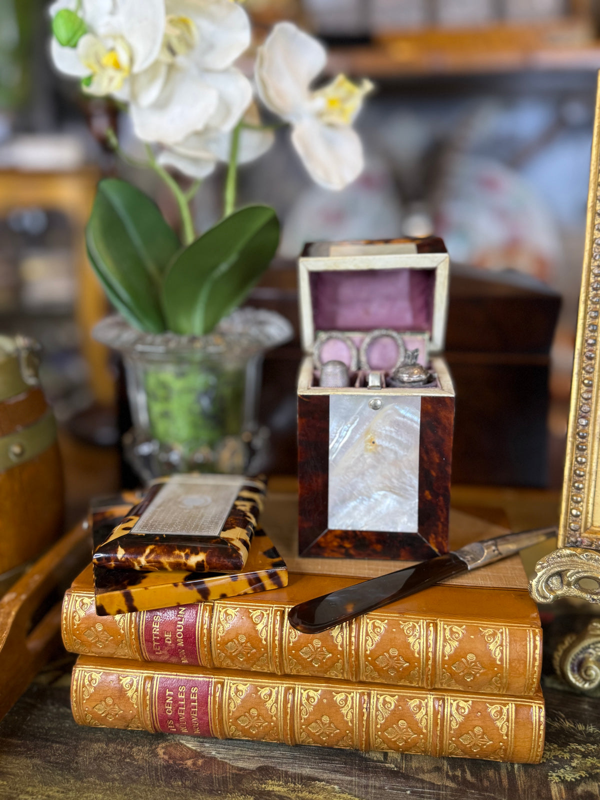 Antique Victorian Tshell & Mother-of-Pearl Sewing Etui | Complete Fitted Sewing Box | Lavender Satin Interior | Jackson-Mitchell Provenance | 4”