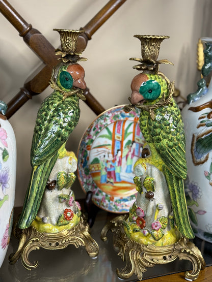 Danny's Fine Porcelain - 14.5” Tall Porcelain Parrot Candlestick Pair with Ormolu Mounts, Chinoiserie Rococo Style