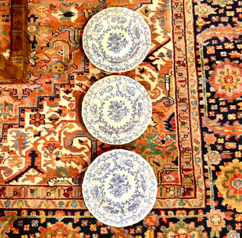 Set of 3 vintage large blue & white floral round platters