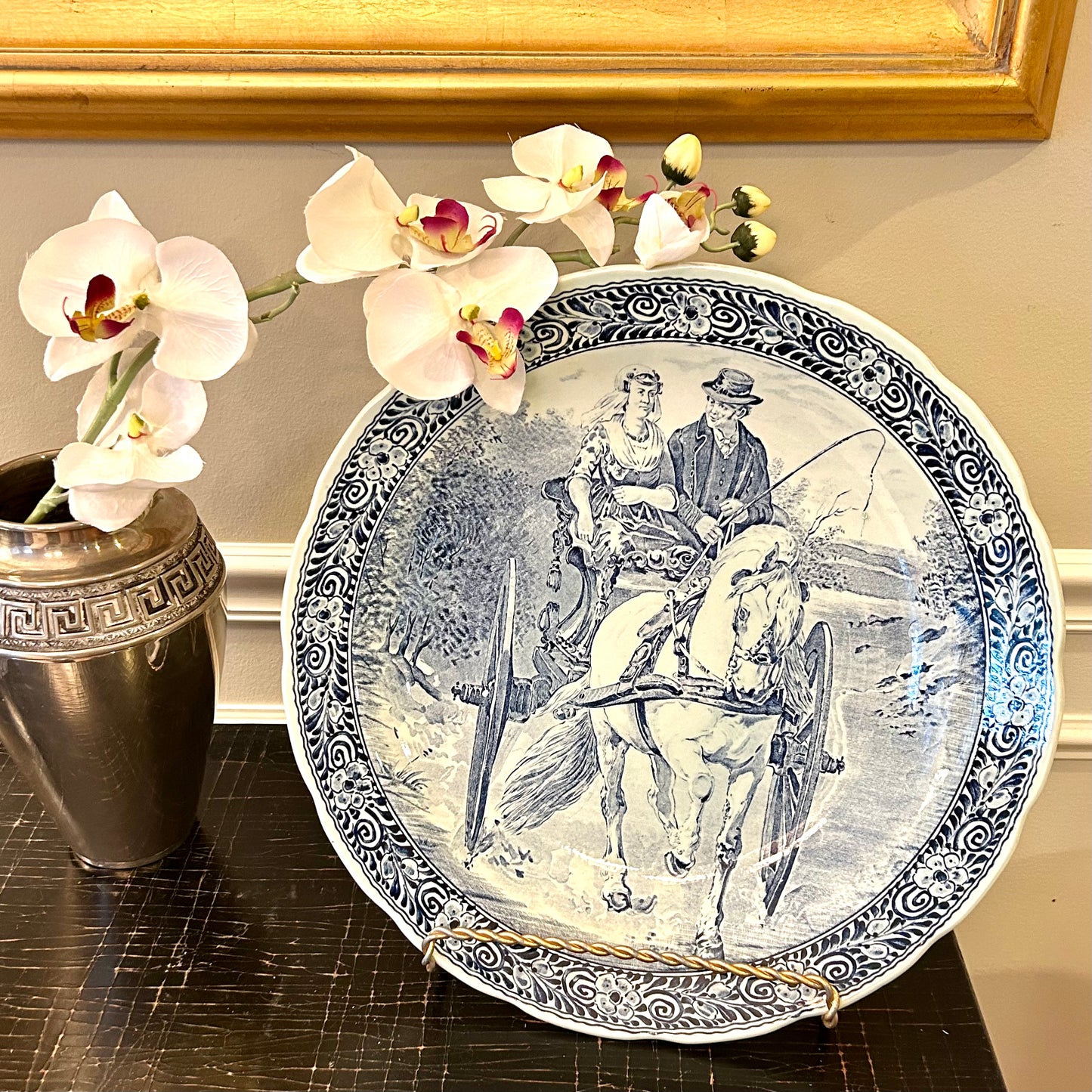 Impressive size Delft horse & carriage hand painted vintage blue and white massive wall platter