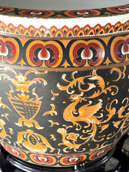 Live 09/15 Striking Large Chinoiserie Black Ground Fish Bowl Jardinière with Stand - Floor Size