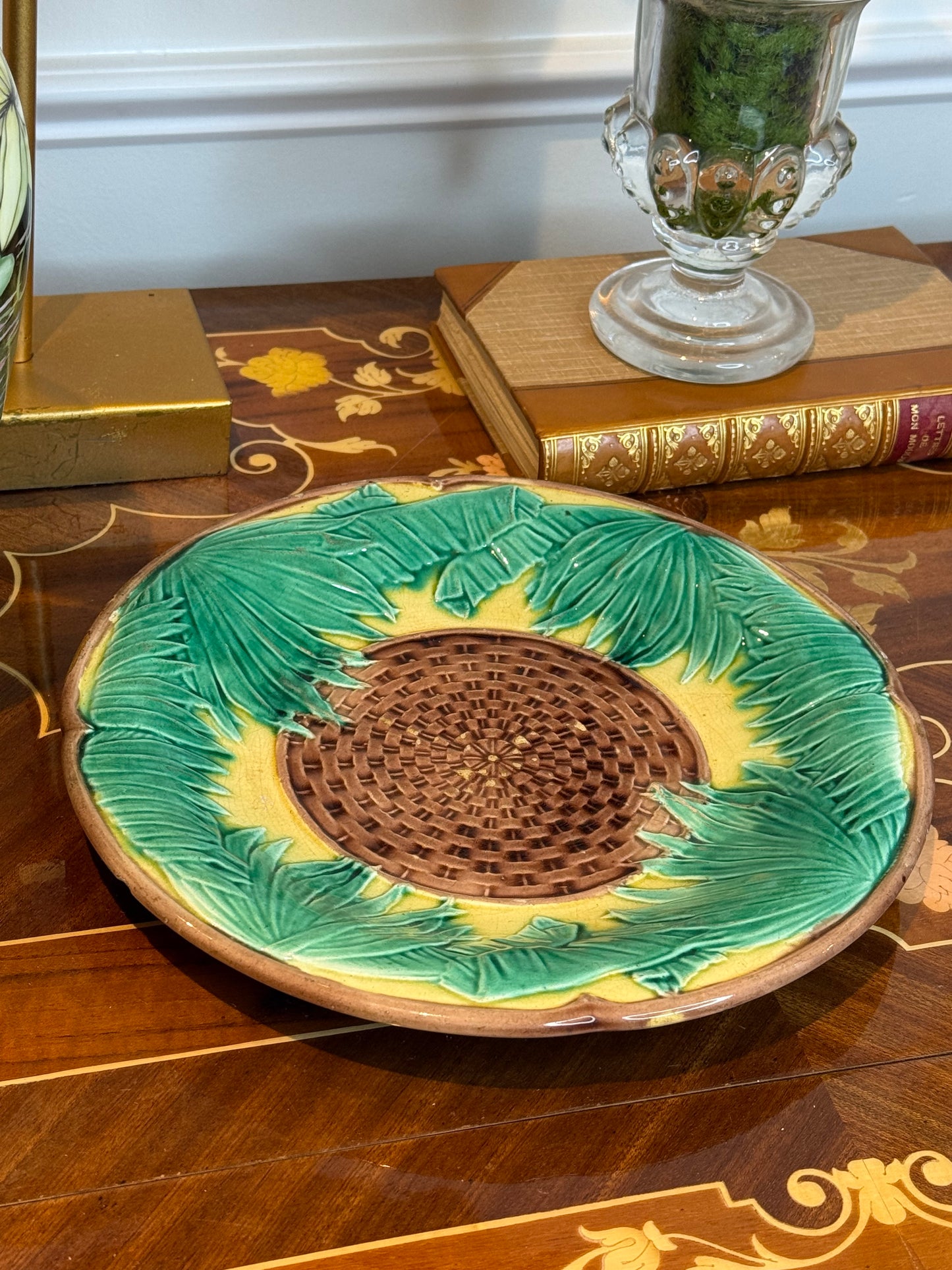 Antique French Majolica Sunflower Basketweave Plate 9.25” c.1880–1900