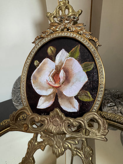 White orchid riginal oil painting in bronze antique frame