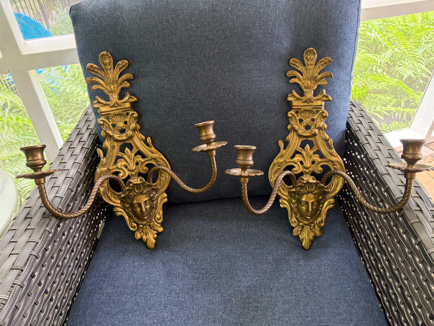 Antique Victorian Figural Brass Wall Sconces with two arms pair!