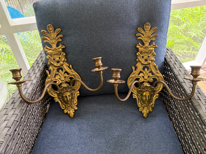 Antique Victorian Figural Brass Wall Sconces with two arms pair!