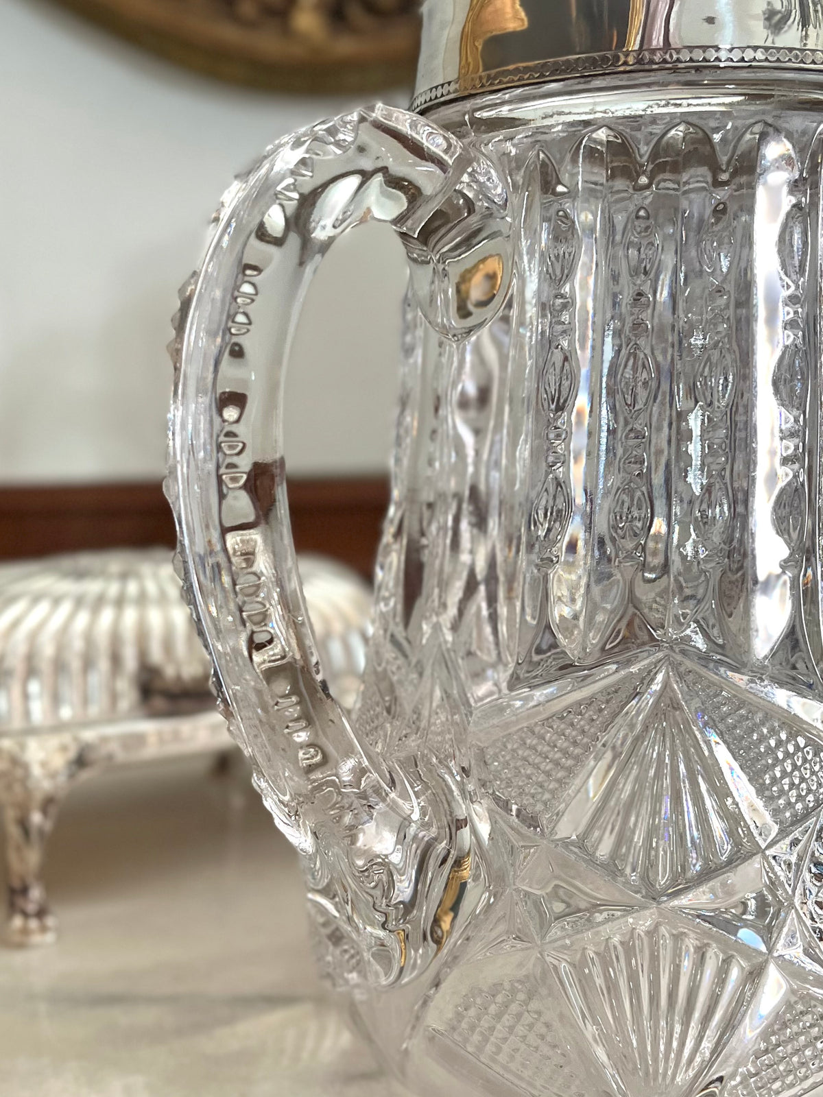 Live 09/20 Gorgeous Cut Victorian EAPG Pressed Glass Pitcher with Ornate Silverplate Mount l