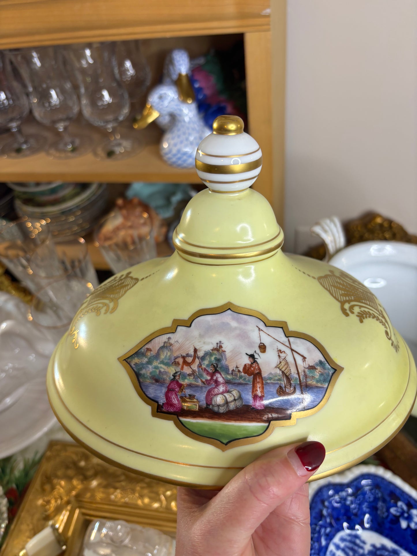 Stunning Dresden lidded tureen with vivid scenes, gold detailing, and lovely handles!