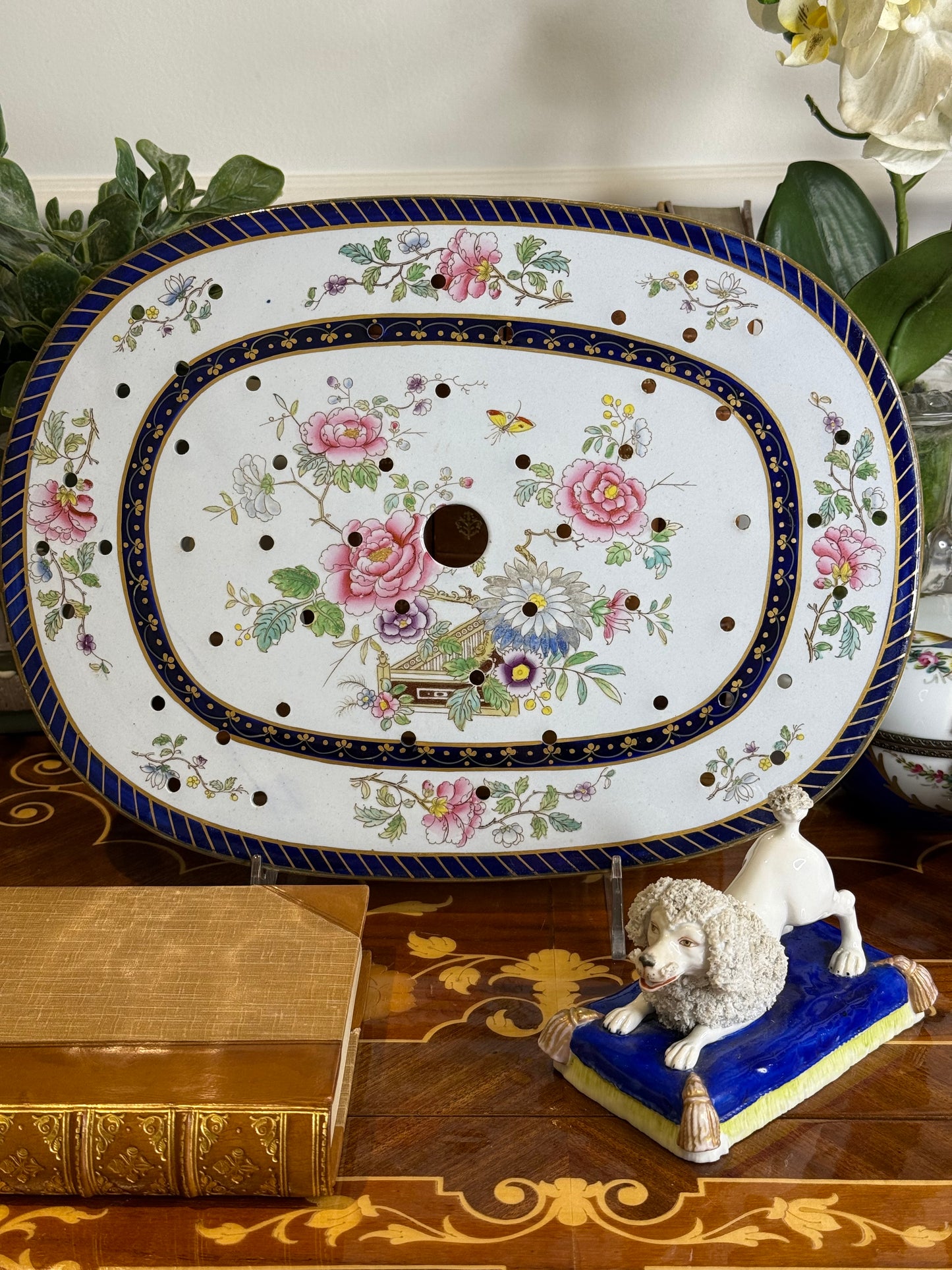 Hicks, Meigh & Johnson “Improved Stone China” Meat Drainer Platter, c.1830 | Floral & Cobalt Flow Blue | 12.5” x 9” | #DA4373