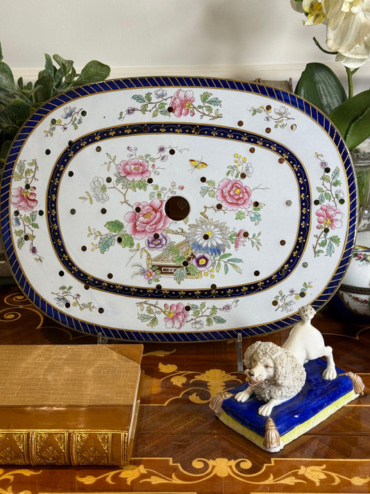 Hicks, Meigh & Johnson “Improved Stone China” Meat Drainer Platter, c.1830 | Floral & Cobalt Flow Blue | 12.5” x 9” | #DA4373