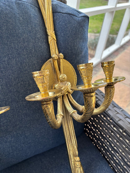 Gorgeous brass wall 25” candleholder sconces with floral and tassel details pair!