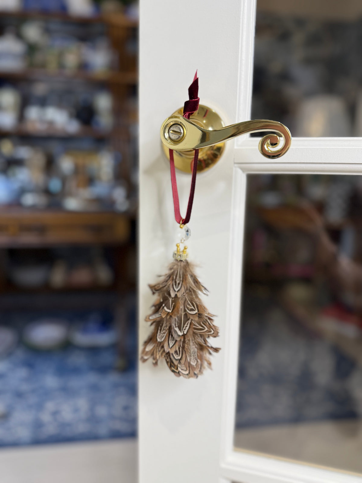 Handmade Pheasant Feather Mini-Christmas Tree Ornament W/ Vintage Crystal & Red Velour Ribbon