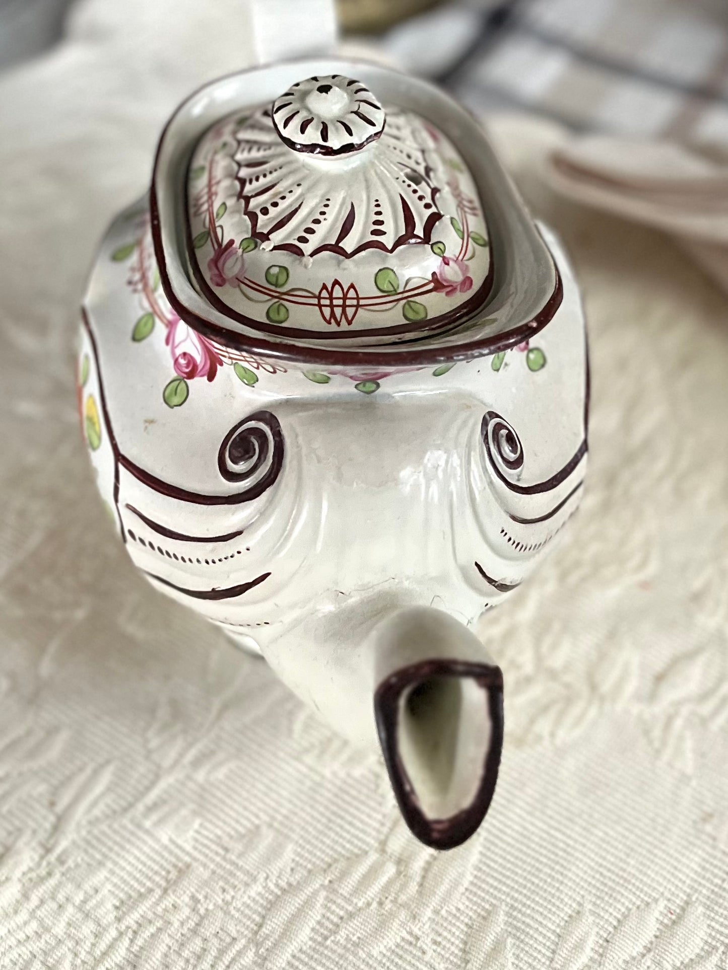 Live 08/18 Georgian Antique English Staffordshire King’s Rose Pearlware Teapot - Handpainted